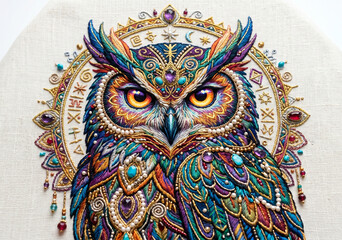 Fototapeta premium Luxury Pearl Embroidered Owl Portrait Artwork