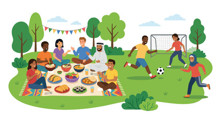 Naklejka premium Diverse group of people enjoying a picnic and playing soccer in a park