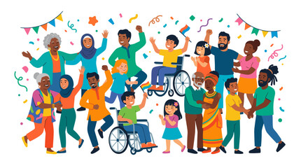 Fototapeta premium Diverse Group of People Celebrating Together with Flags and Confetti
