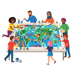 Fototapeta premium Diverse group of people collaborating on a world map mural promoting unity and peace