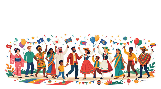 Diverse group of people celebrating unity and diversity with flags and balloons