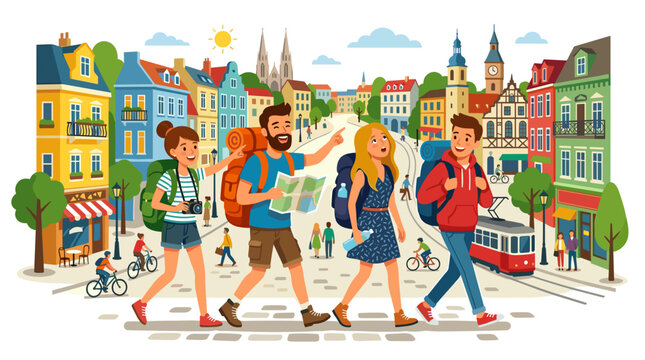 Group of tourists exploring a European city with backpacks and maps