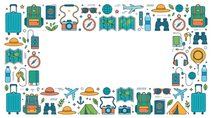 Naklejka premium Travel and Adventure Icons Border with Copy Space