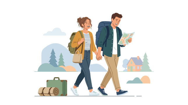 Couple holding hands on a journey with backpacks and map
