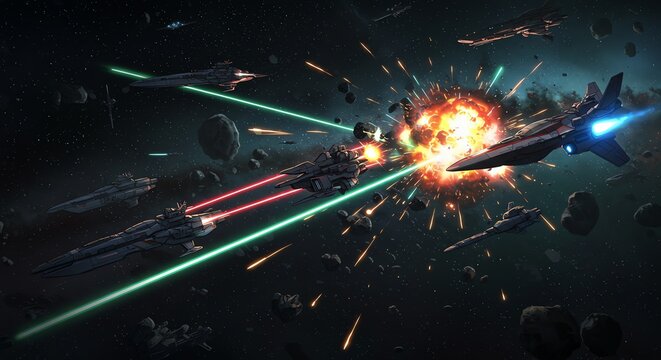 Futuristic spaceship battle in an asteroid field