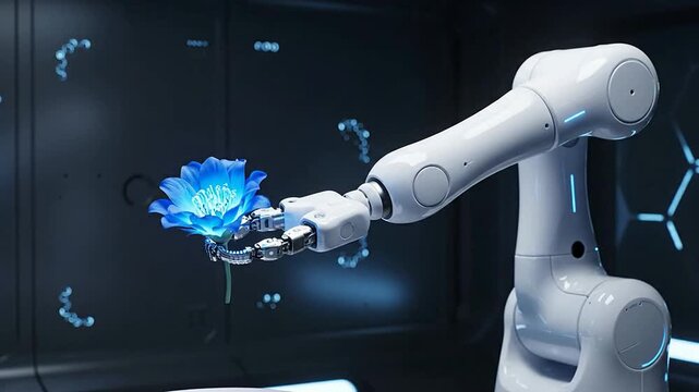 Sleek Robotic Surgical Arm Holding Glowing Blue Flower Bud In Futuristic Medical Environment