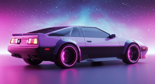 Futuristic sports car against starry nebula sky