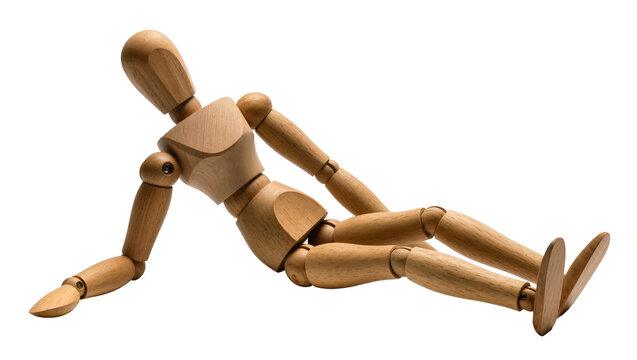 Isolated wooden art mannequin lying relaxed, classic human figure model, natural wood