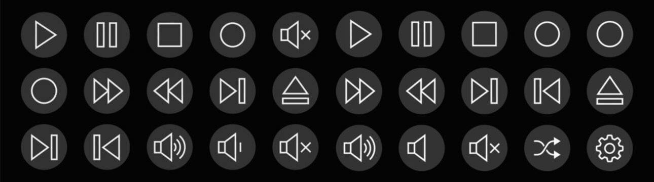 Media Player Vector Icon Set in Dark Mode with White Line Play, Pause, Fast Forward, Volume, and Settings Buttons for UI UX Design