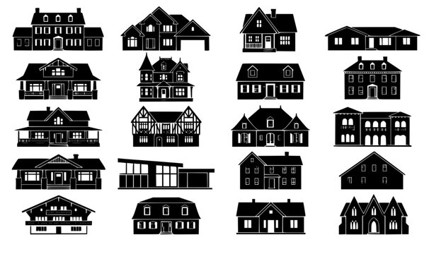 Real estate house silhouettes vector set with classic traditional suburban home architecture shapes