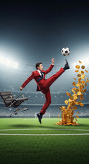 Fototapeta premium Businessman kicking soccer ball amidst falling gold coins on a stadium field, symbolizing wealth, success, and career advancement.