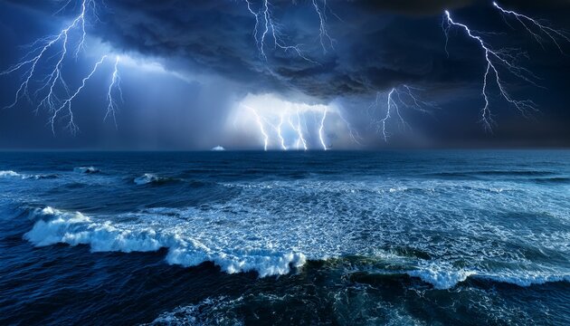 dramatic lightning storm over ocean with dark clouds and crashing waves during heavy thunderstorm at night