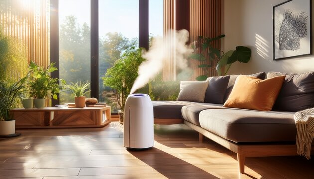 modern indoor living room with air purification device emitting mist during sunny daylight