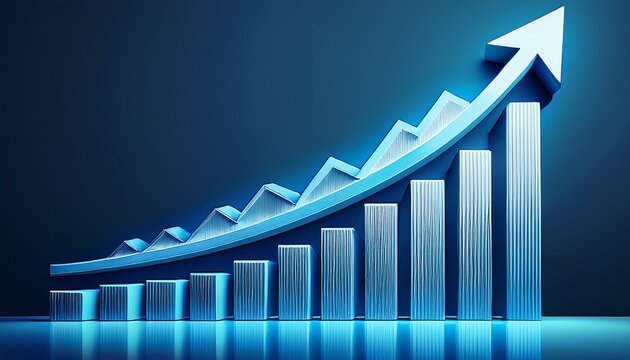 a blue bar graph with an upward trend arrow illustrating growth and progress in a business or financial context from a side viewpoint