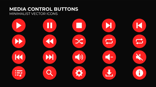 Media Control Buttons Minimalist Vector Icons Set with Red Circle Play, Pause, Shuffle, Repeat, Volume, and Settings Interface Elements