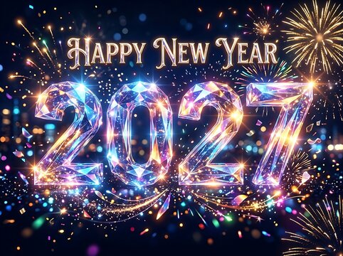Happy new year 2027 glittering diamond numbers with exploding fireworks against dark city skyline.