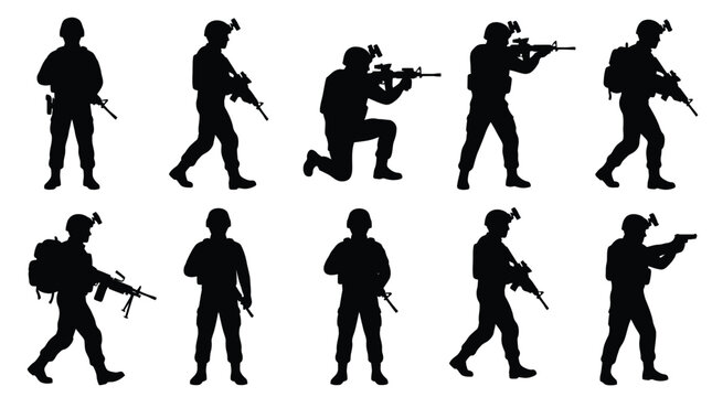 Black vector illustration set featuring multiple silhouettes of armed soldiers in various tactical combat poses
