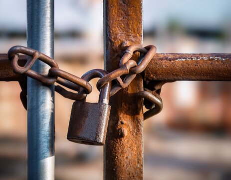 close up of rusty chain and padlock securing a gate or fence on an industrial or construction site during daytime