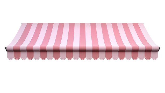 Isolated pink and white striped market awning with scalloped valance for shopfront decoration.