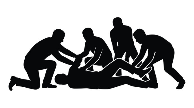 Black vector illustration showing a group of people providing emergency medical assistance to an injured person