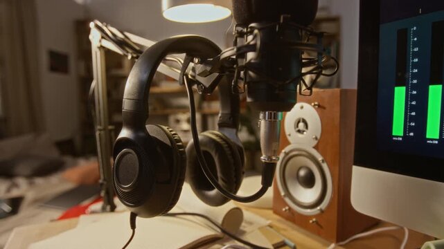 Professional microphone and headphones hanging on boom arm in home recording studio with audio levels on screen. Footage is perfect for videos about podcasting, voiceover work or online education