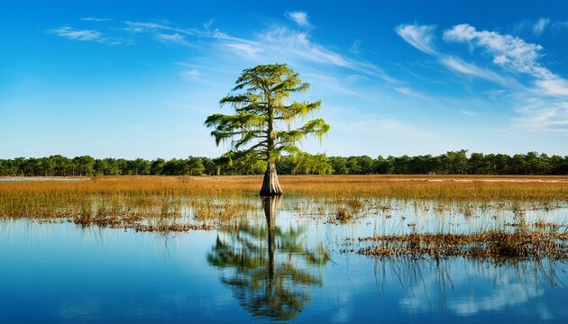 solitary bald cypress tree reflecting in calm swamp water under a blue sky