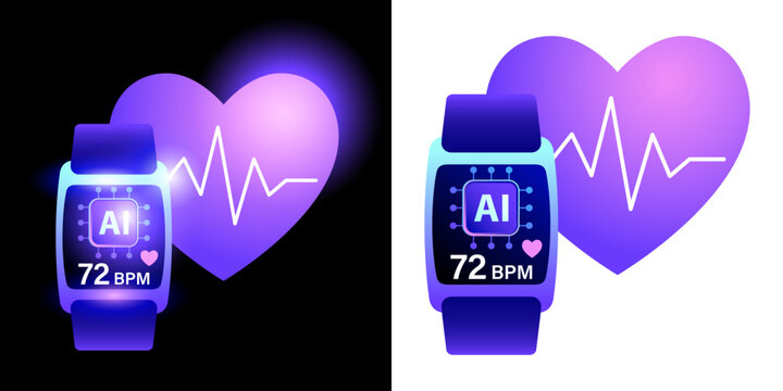 Modern AI health monitoring icon featuring artificial intelligence technology integrated with a smartwatch and heart rate tracking system.