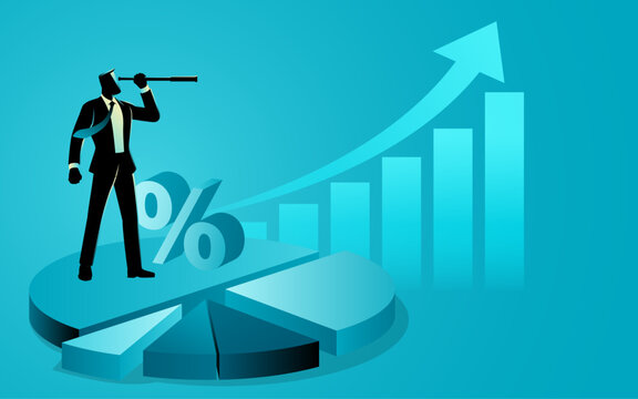 Business Vision Concept, Strategic Planning and Future Growth Forecast, Businessman Looking Through Telescope, Market Share Illustration