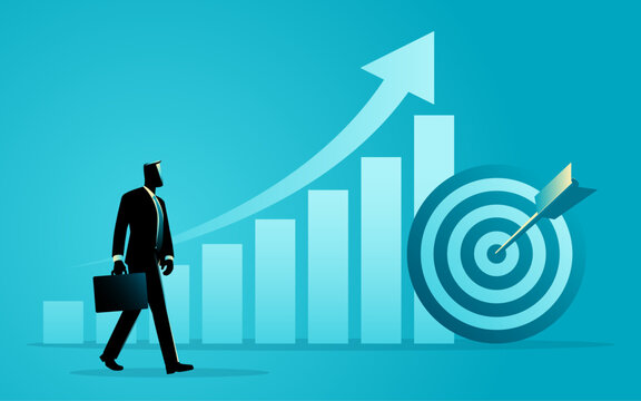 Business Growth Success Concept, Businessman Achieving Goals, Financial Growth Chart, Target Achievement and Corporate Success Illustration