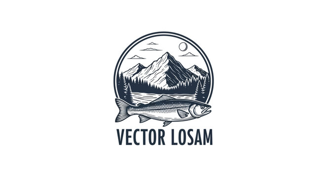 Vintage style logo featuring a detailed fish in front of a circular emblem with mountains, forest, and a lake, with 'VECTOR LOSAM' text below.