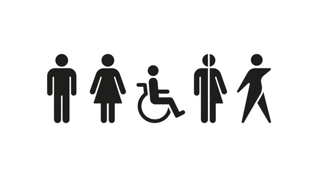 Minimalist black vector illustration showing diverse inclusive human gender and disability icons for public signage