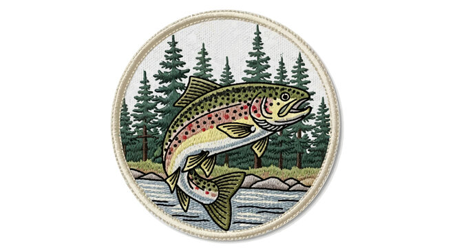 Embroidered patch featuring a vibrant rainbow trout leaping from water with a backdrop of green pine trees and a natural landscape.