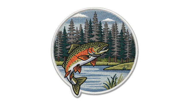 Vibrant embroidered patch design featuring a rainbow trout leaping from a river with a dense pine forest and mountains in the background under a cloudy sky.