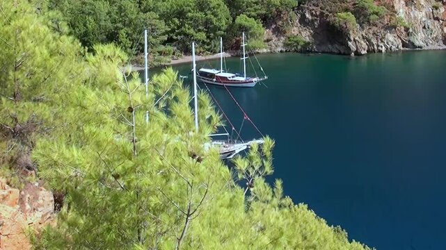 Sunlight bathes a serene Mediterranean bay, revealing two classic sailing boats gently moored near rocky shores adorned with lush green pines. A perfect moment of peace and natural splendor.