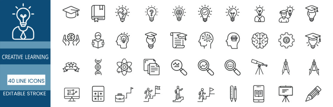 Creative learning line  icons set, innovative mindset, visionary thought, clever inspiration & more vector illustration with editable stroke.