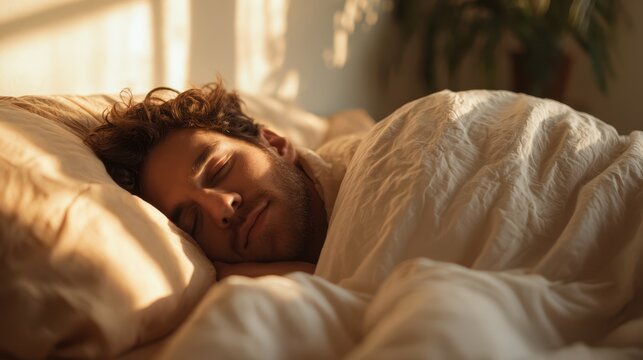 Side-sleeping young man in a calm bedroom with soft morning light