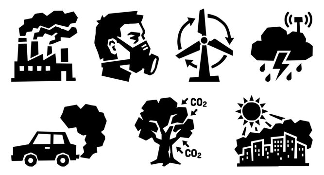 Air pollution and climate change vector icons