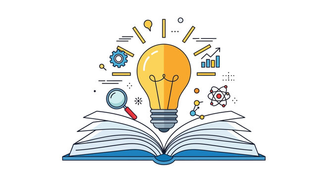 open book with light bulb and icons vector silhouette lightbulb education learning knowledge ideas science research atom chart magnifying gear