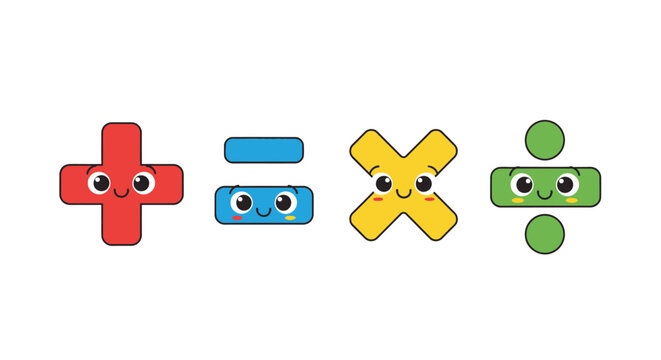 math symbols with cute faces in flat vector style silhouette plus minus multiply divide white background education learning arithmetic operations