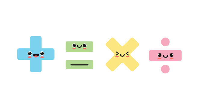 math symbols with cute faces in flat vector style silhouette plus minus multiply divide icon graphic design element education learning