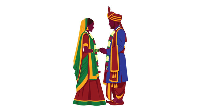 indian couple in traditional attire flat vector silhouette sari dhoti turban jewelry flower garland illustration graphic design culture heritage celebration