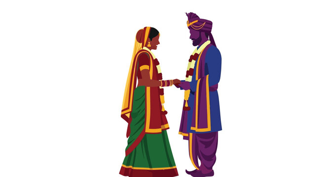 indian couple in traditional attire flat vector silhouette sari dhoti turban jewelry culture heritage festive celebration marriage romance love relationship