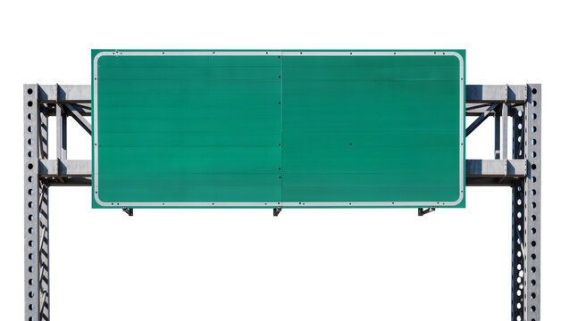 Isolated blank green overhead highway traffic sign on sturdy metal gantry structure