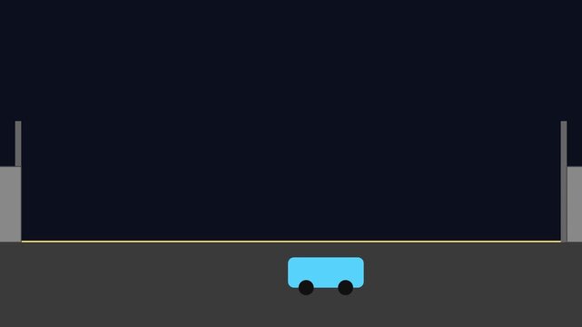 Minimalist flat animation of a blue car driving on a dark road at night flat minimalist vehicle
