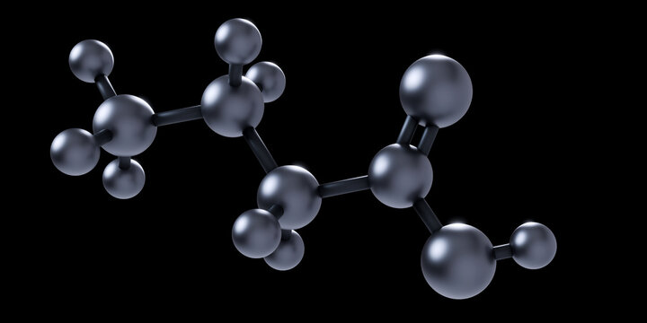 Butyric acid molecule, 3D model. Butanoic acid, alkyl saturated fatty acid, SCFA, gut microbiota metabolite, fermentation product, biochemistry, science and medical research concept. 3D render