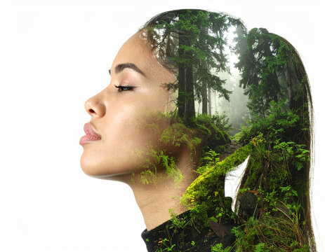 Woman portrait with forest double exposure