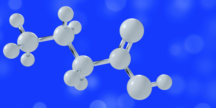 Butyric acid molecule, 3D model. Butanoic acid, alkyl saturated fatty acid, SCFA, gut microbiota metabolite, fermentation product, biochemistry, science and medical research concept. 3D render