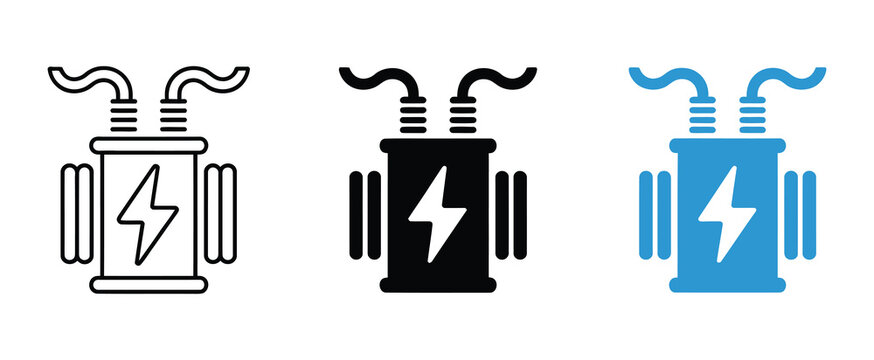 Black vector icons of electrical transformers and substation equipment, including current transformer boxes and power station symbols.