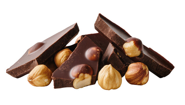 Isolated delicious dark chocolate pieces with whole toasted hazelnuts, gourmet dessert ingredient.