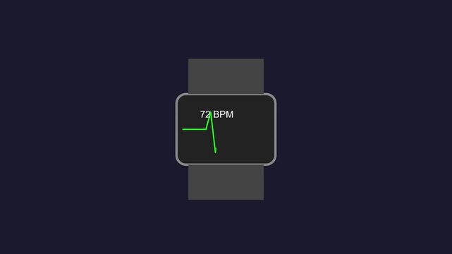 Smartwatch heart rate monitor interface displaying 72 bpm pulse animation health tracker